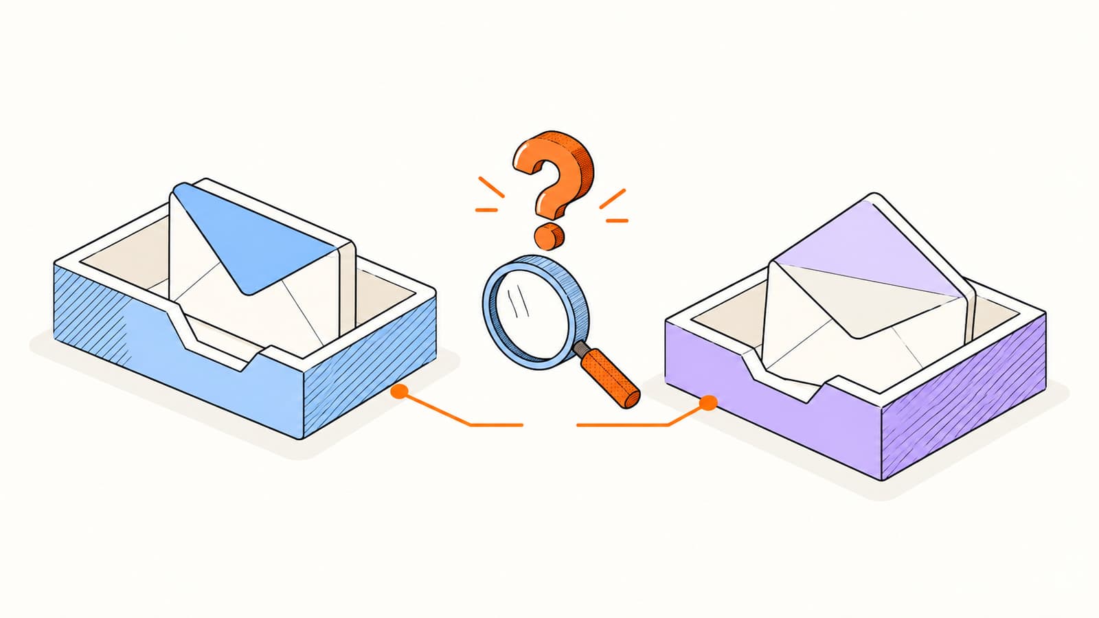 Two inbox trays are separated by a broken orange path and a question mark, illustrating an uncertain delivery outcome.