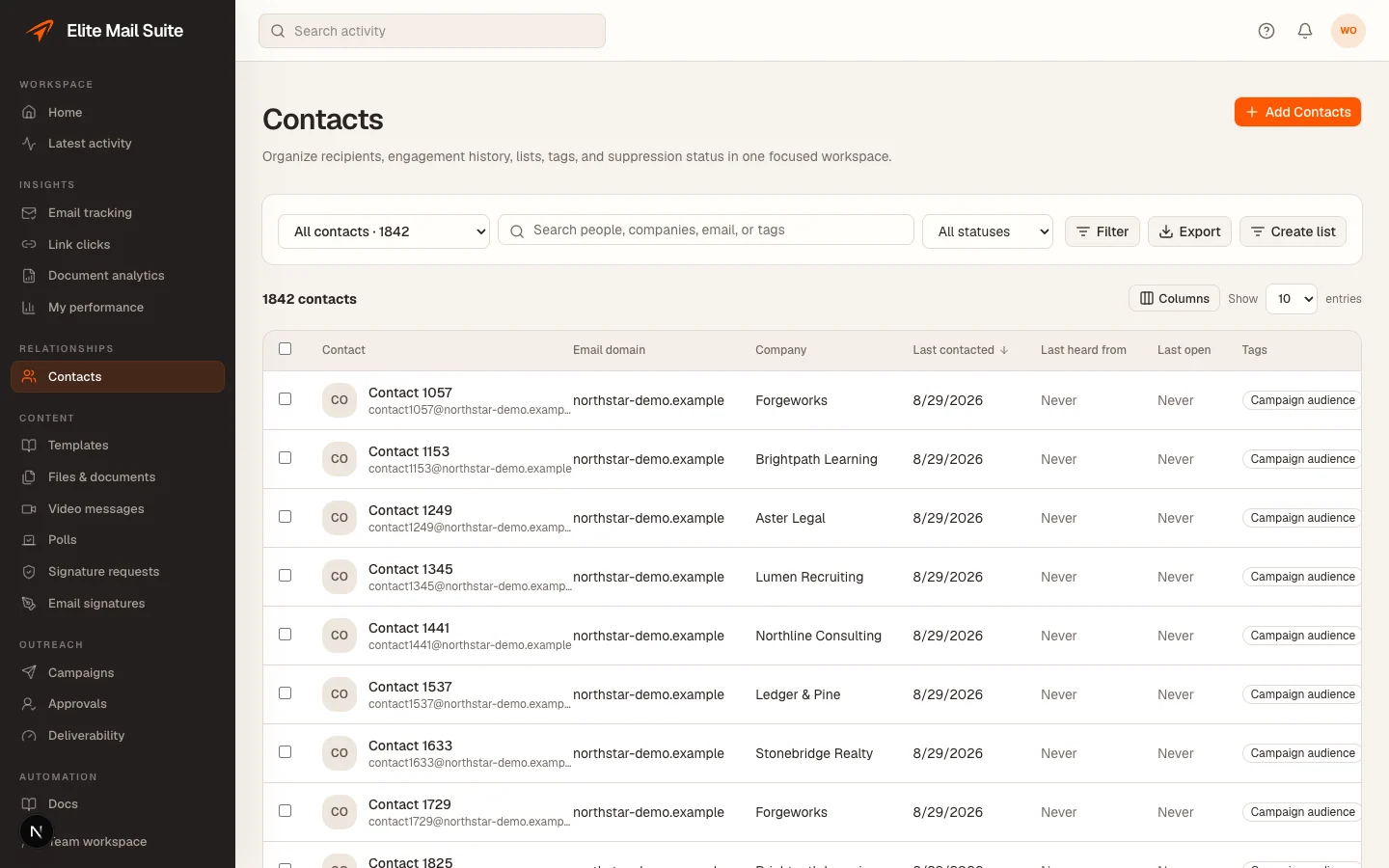 The real Contacts workspace uses fictional people for this example.