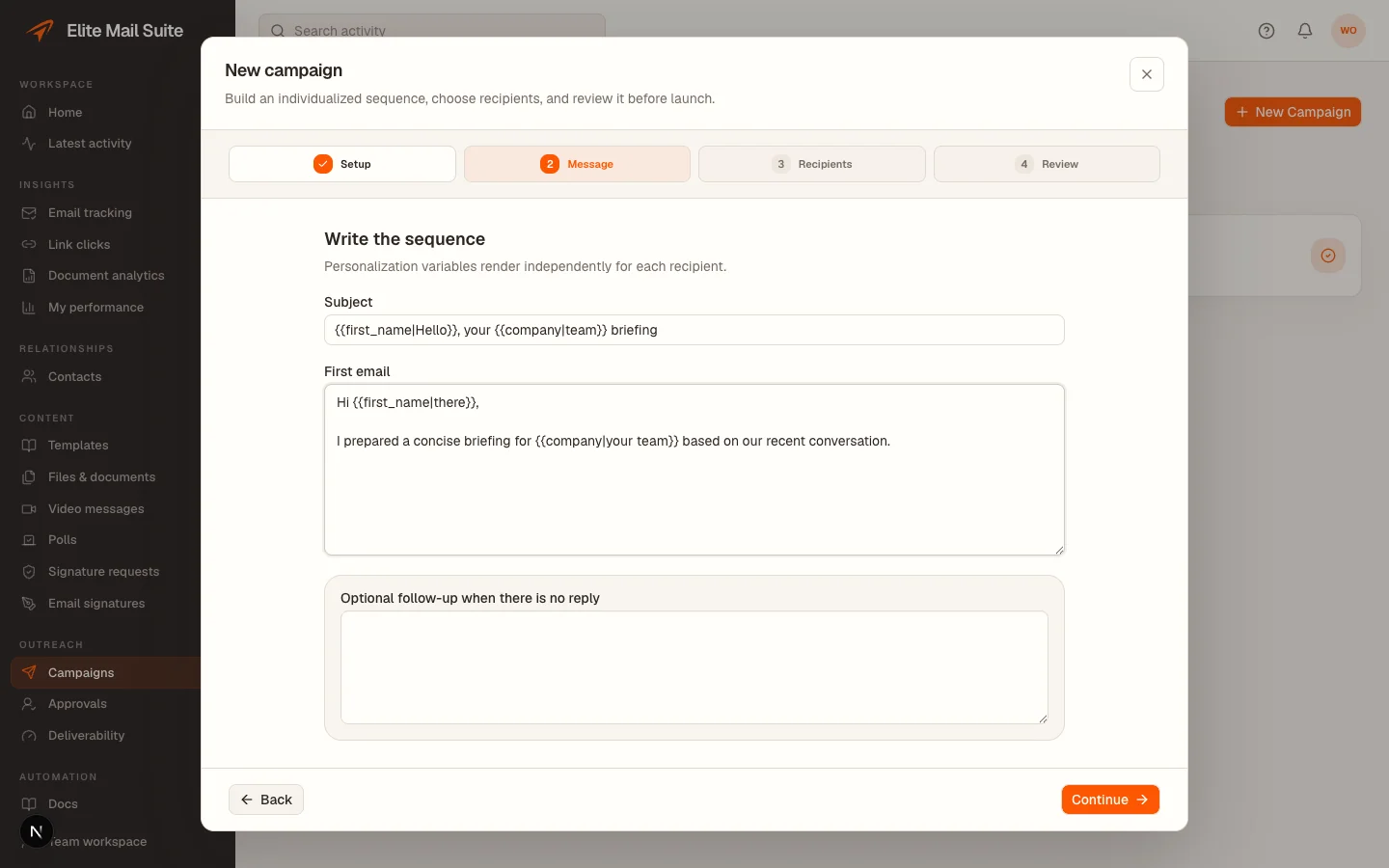 The actual campaign message editor uses supported personalization fields.
