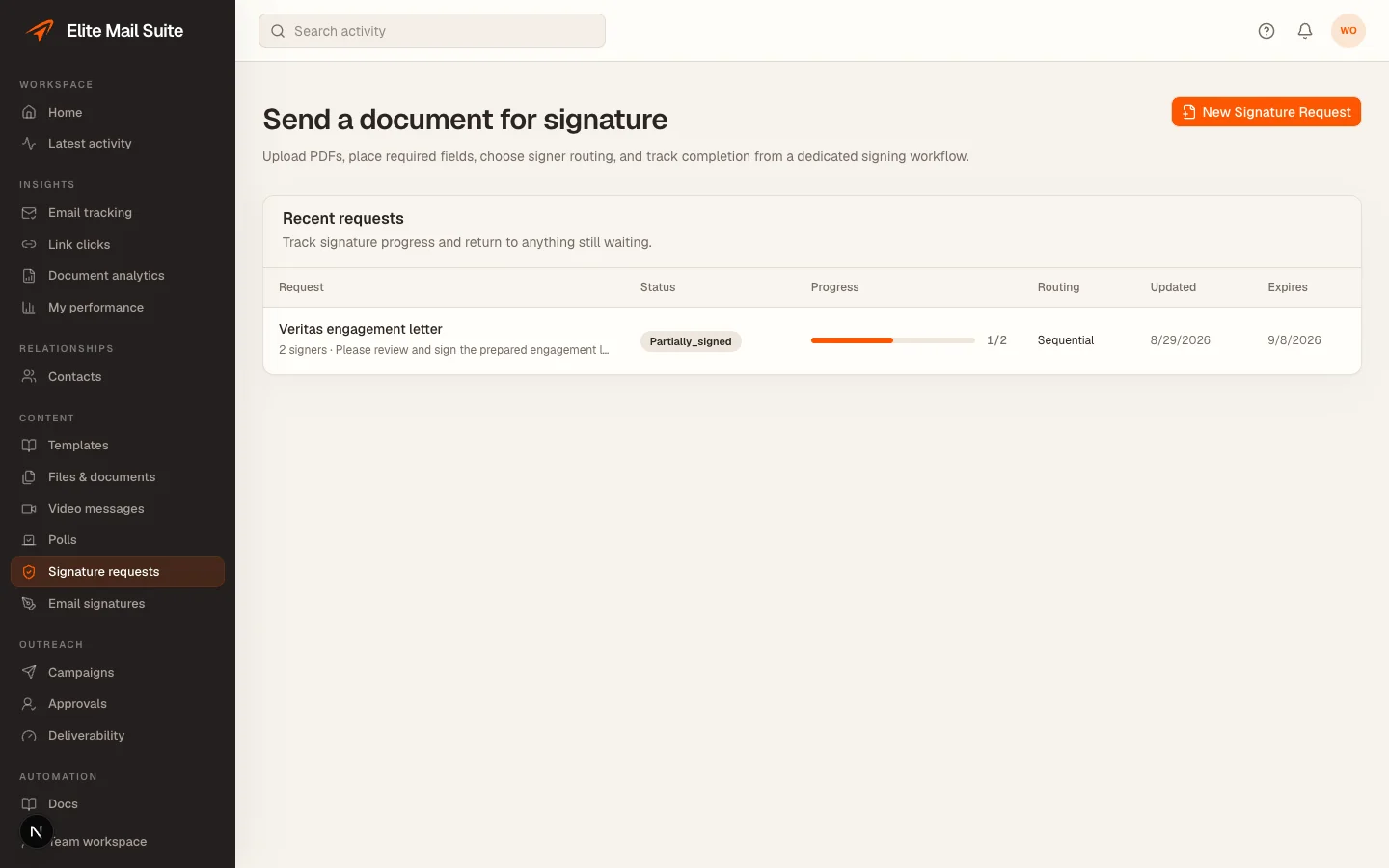 Signature request status provides a route to the underlying signing record.